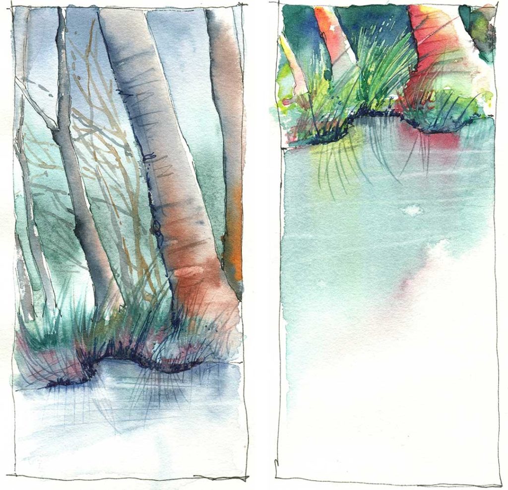 Bäume am See als Aquarell